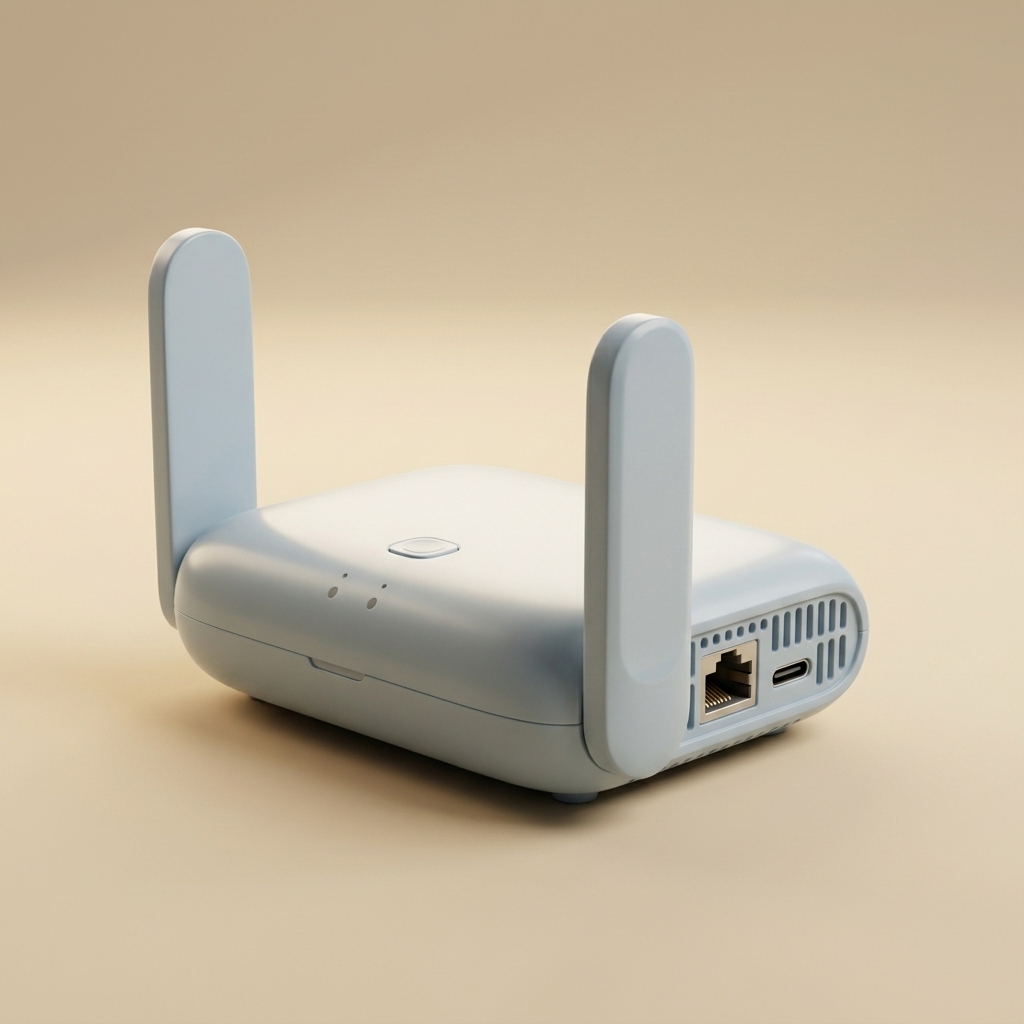 The Away unit, a pocket-sized router with two foldable antennas.
