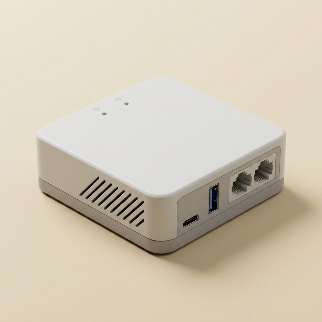 The Home unit, a small fanless silver-grey aluminum router.
