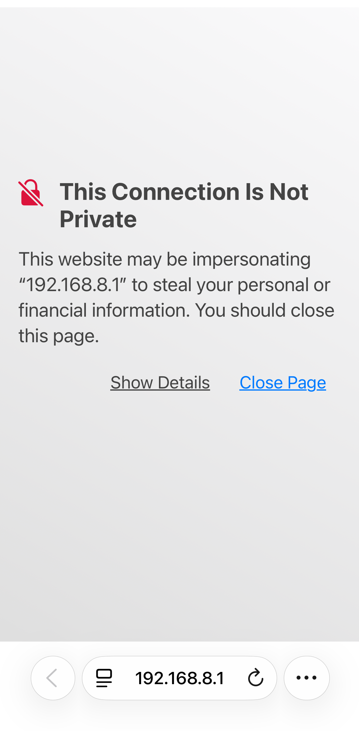 Safari certificate warning: verify the local address and contact support if the warning persists.