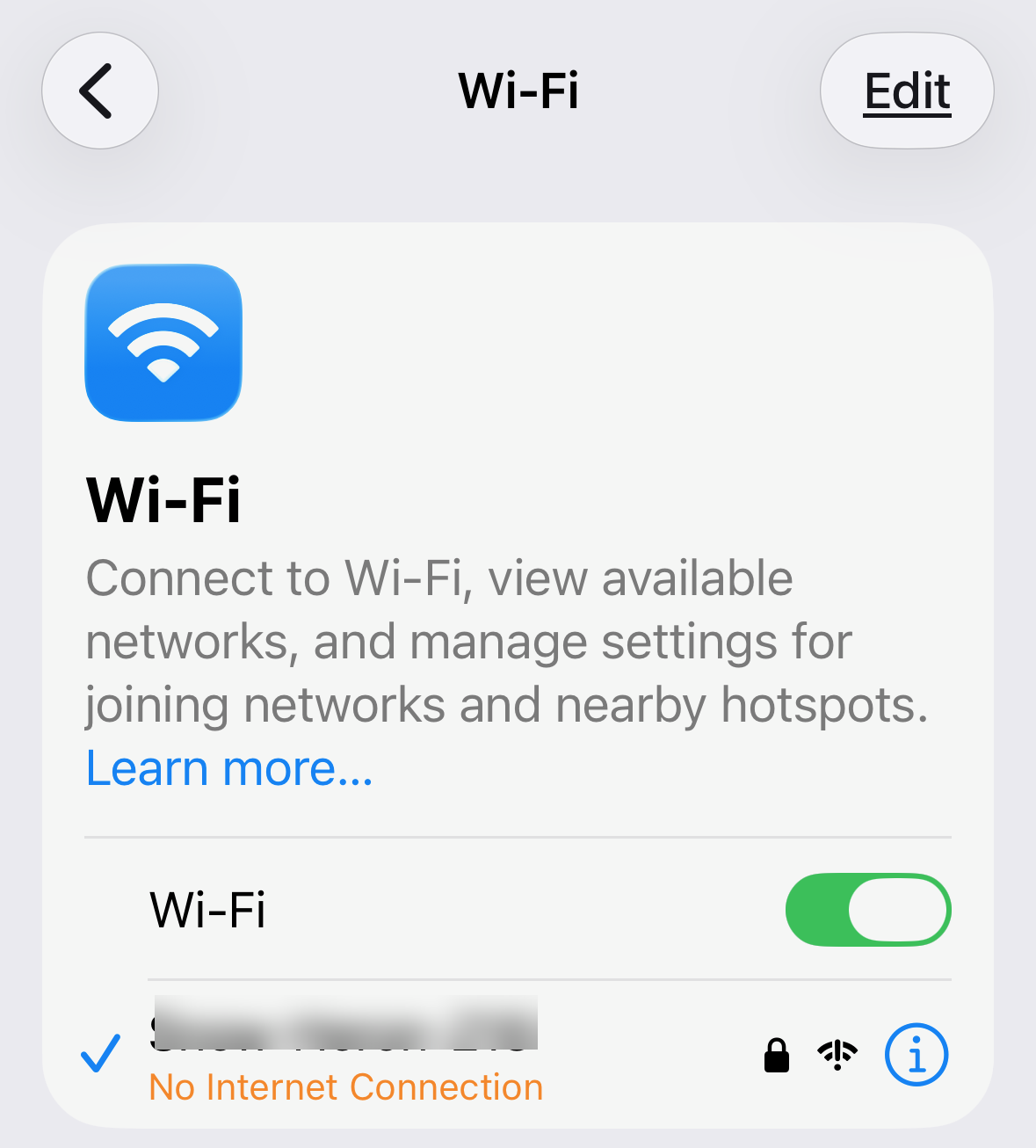 iOS Settings Wi-Fi list showing the connected network labelled No Internet Connection, which is normal during setup.