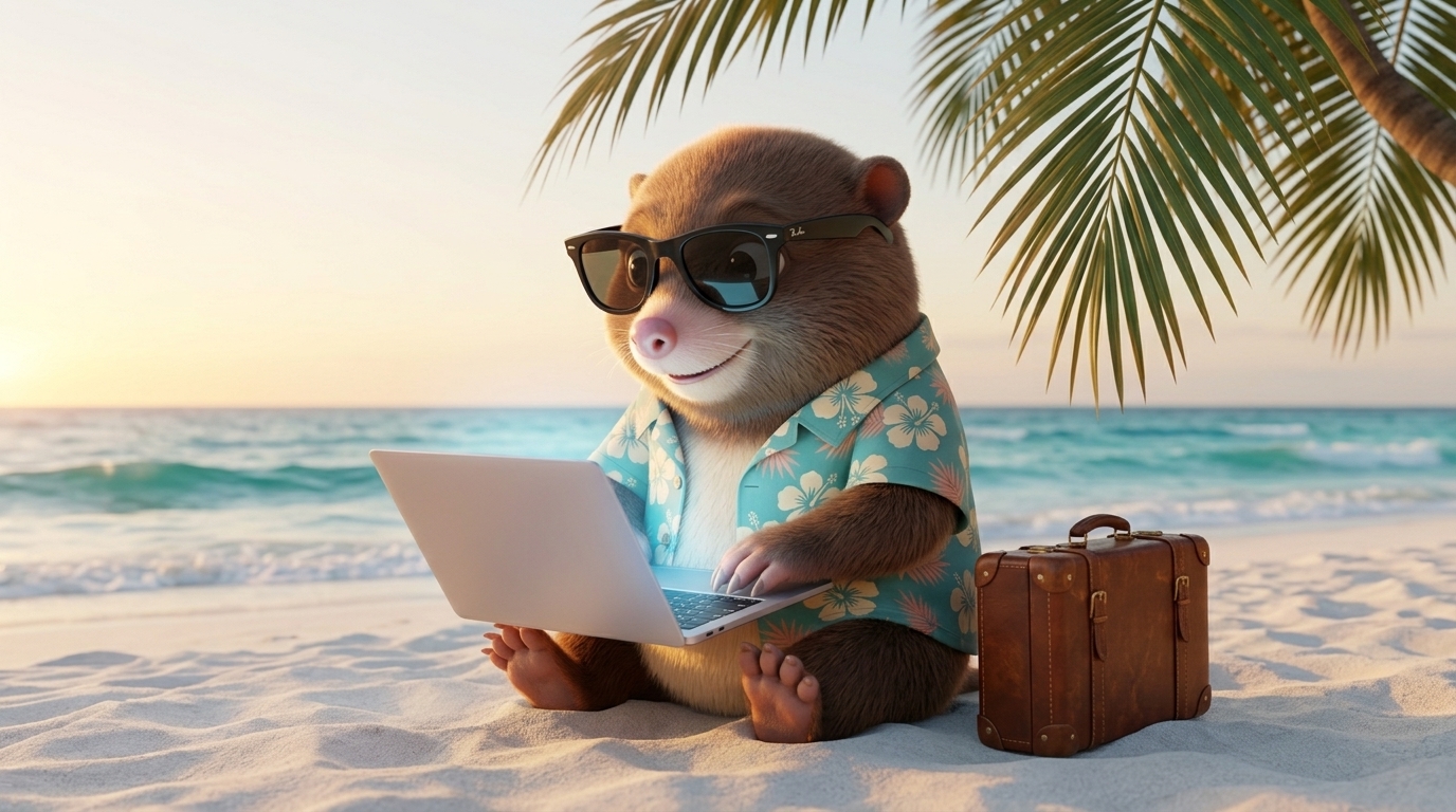 A small mole in a Hawaiian shirt working on a laptop on the beach, with a tropical island and clear blue water in the background.