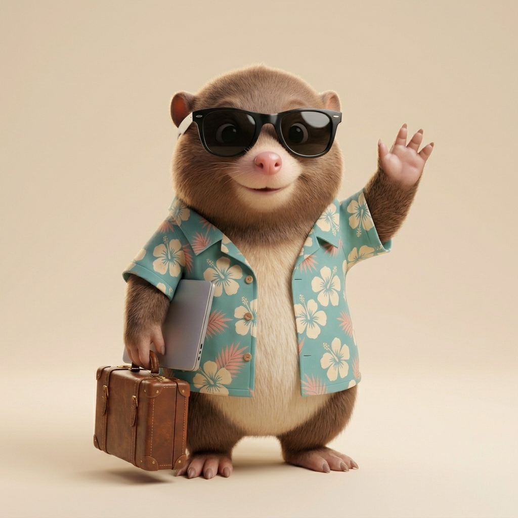 A small mole in a Hawaiian shirt waving hello.