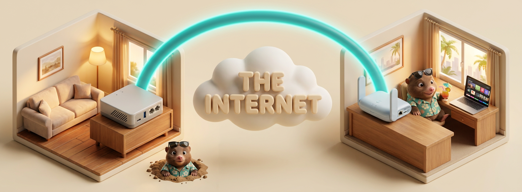 A Pixar-style illustration: on the left, a cozy living-room cutaway with the silver-grey Home unit on a console and the PacketMole mole peeking out of a small burrow in the floor; in the middle, a soft cloud labeled THE INTERNET with a glowing teal tunnel arcing over it; on the right, a hotel-room cutaway with the Away unit (two upright antennas) and the same mole sitting at a desk next to an open laptop.